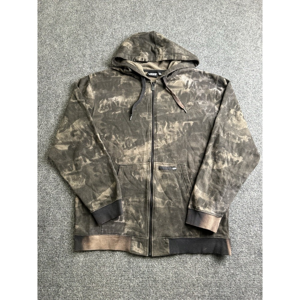 Mens Vans Black Brown Distressed Bleach Wash Full Zip Hoodie, Size 2XL